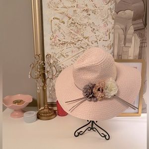 Pastel pink straw woven wide brim floppy hat - flower sun hat